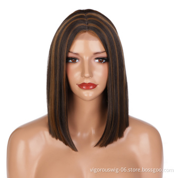 Vendor Lace Frontal High Temperature Mixed Brown Black Short Cheap Price Wigs Synthetic Hair Black Women